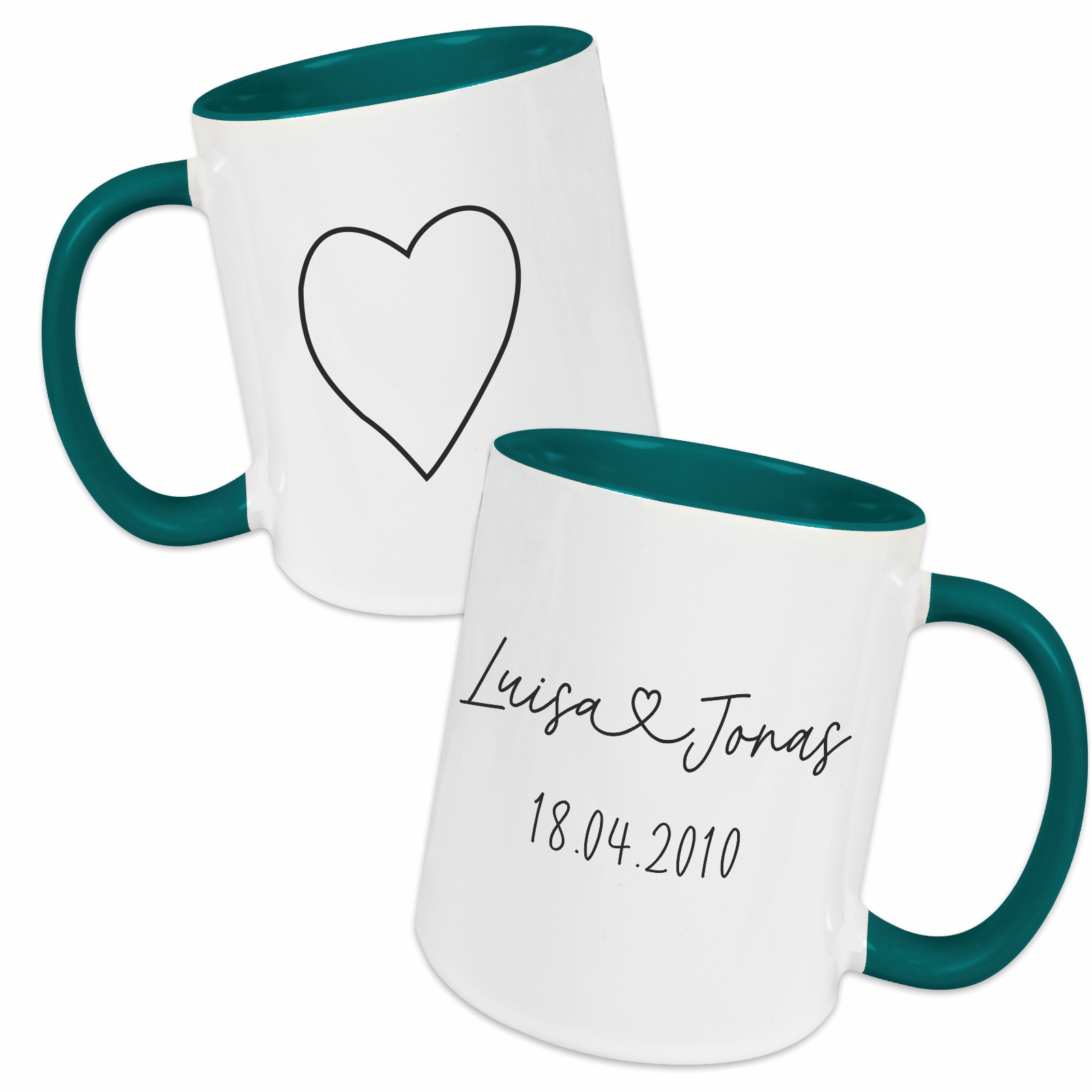 Tasse - Partner Namen, Datum & Herz petrol