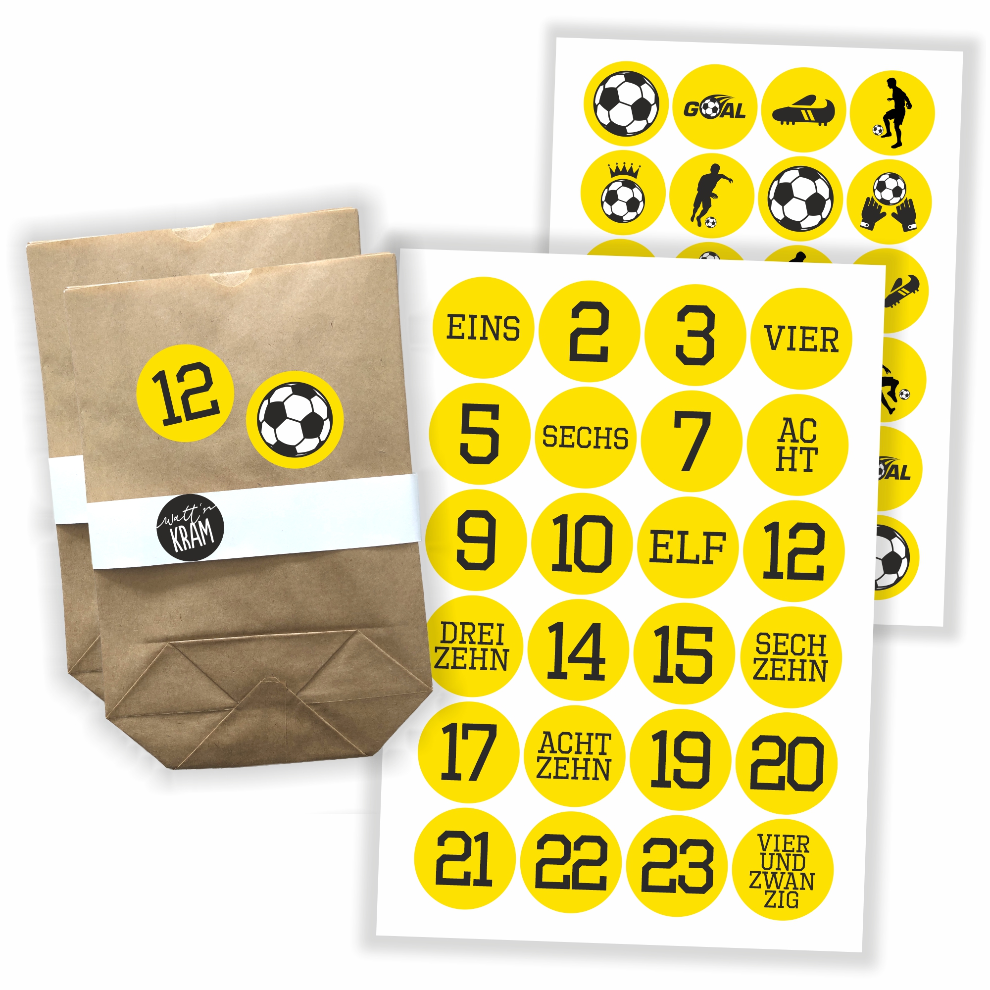 Adventskalender Aufkleber Fußball gelb / schwarz - 48 Sticker mit 24 Tüten zum selbst Befüllen