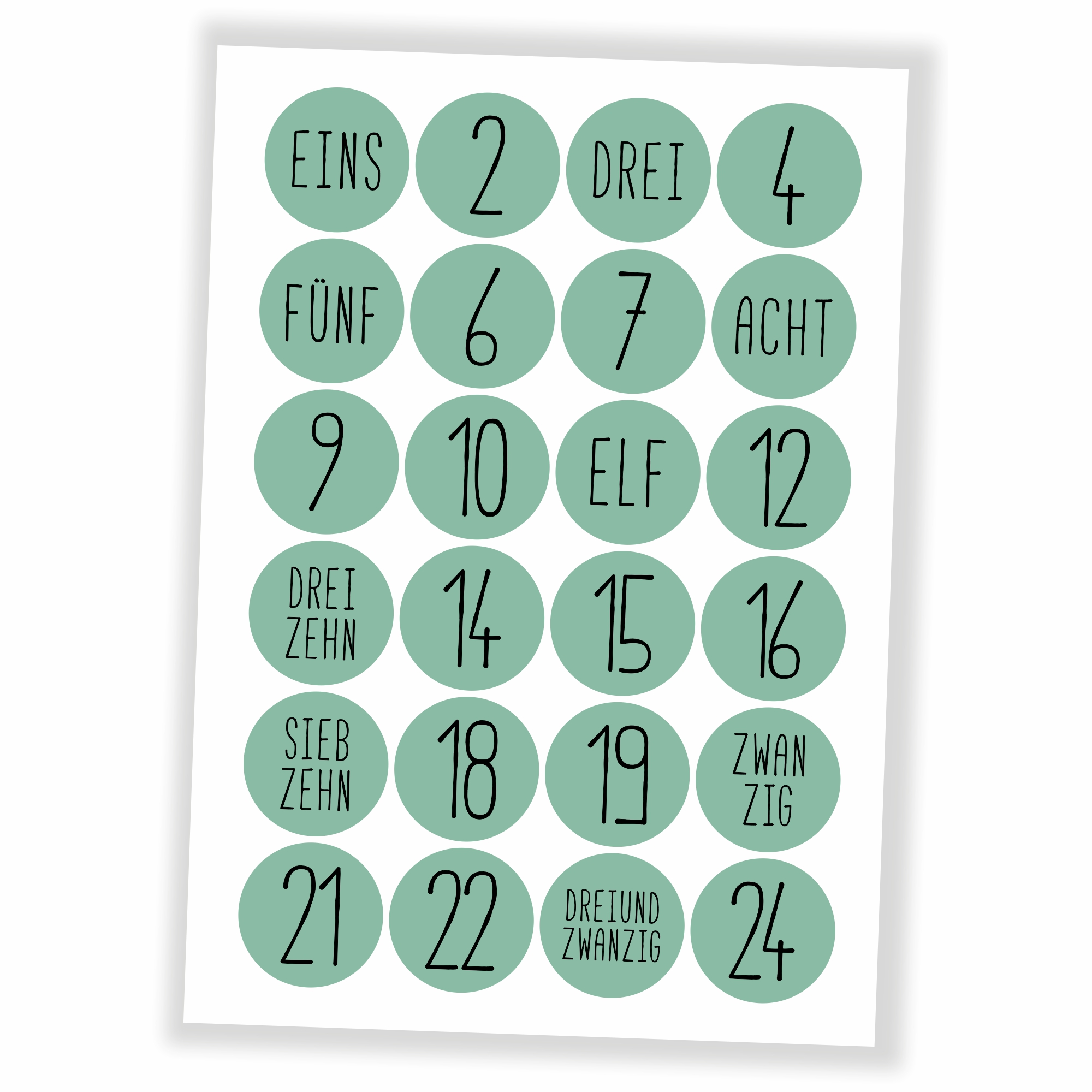Adventskalender Zahlen Aufkleber - 24 Sticker (ohne Tüten) - mint
