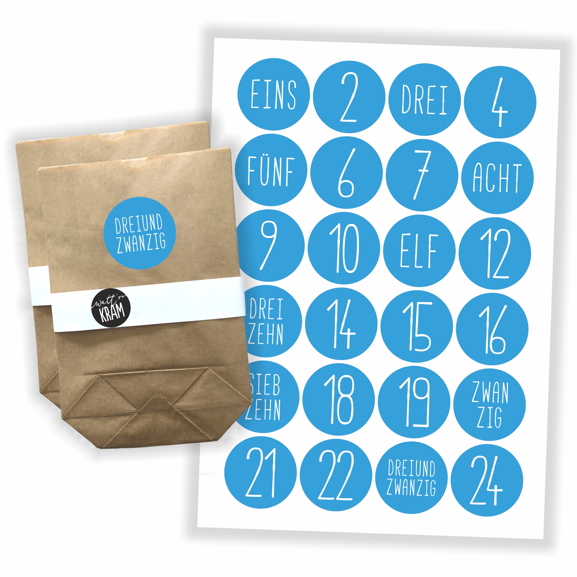 Adventskalender Zahlen Aufkleber - 24 Sticker mit 24 Tüten zum selbst Befüllen - hellblau – Ansicht 1 von 3