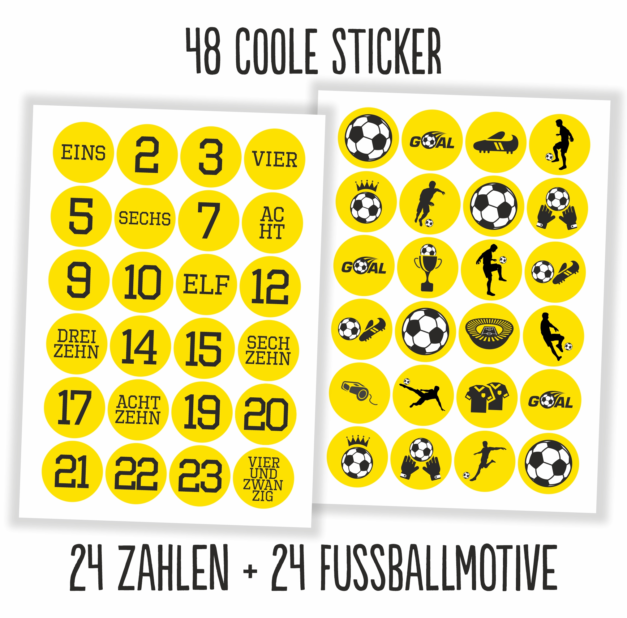 Adventskalender Aufkleber Fußball gelb / schwarz - 48 Sticker mit 24 Tüten zum selbst Befüllen