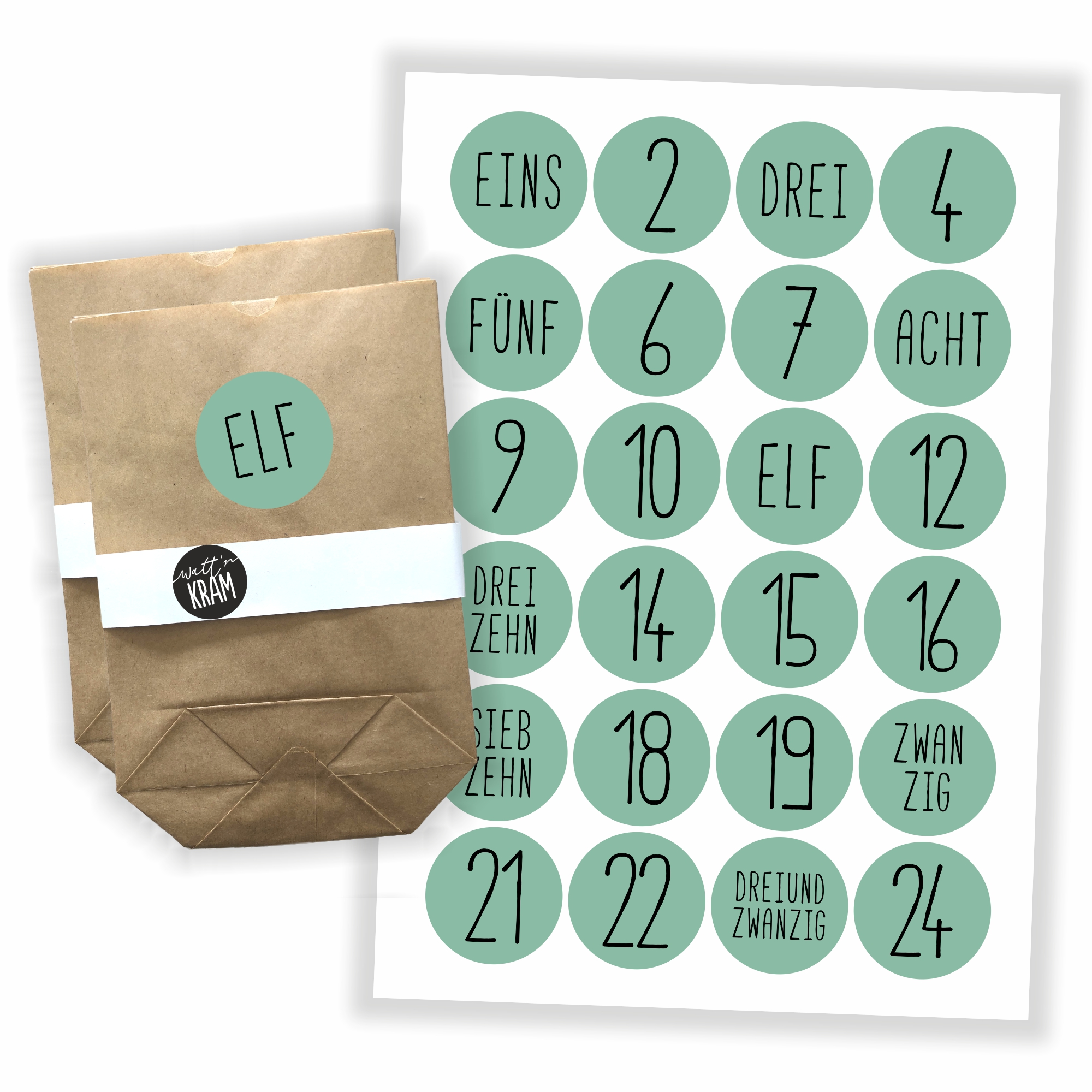 Adventskalender Zahlen Aufkleber - 24 Sticker mit 24 Tüten zum selbst Befüllen - mint – Ansicht 1 von 3