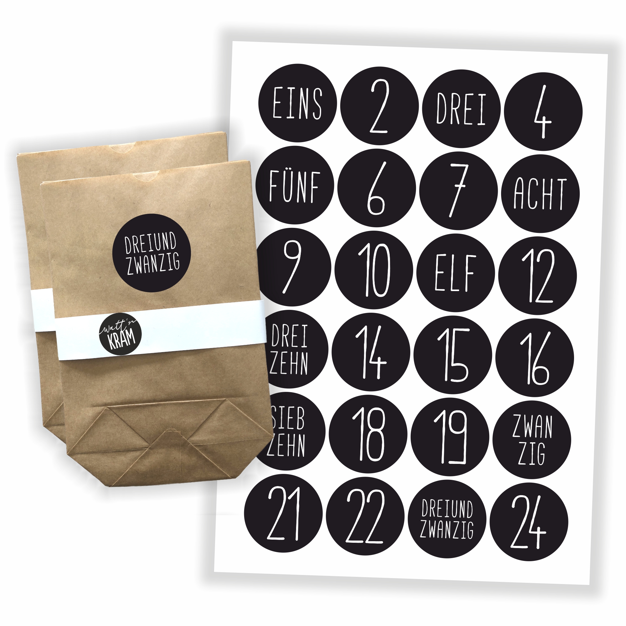 Adventskalender Aufkleber - 24 Sticker + 24 Tüten zum selbst Befüllen