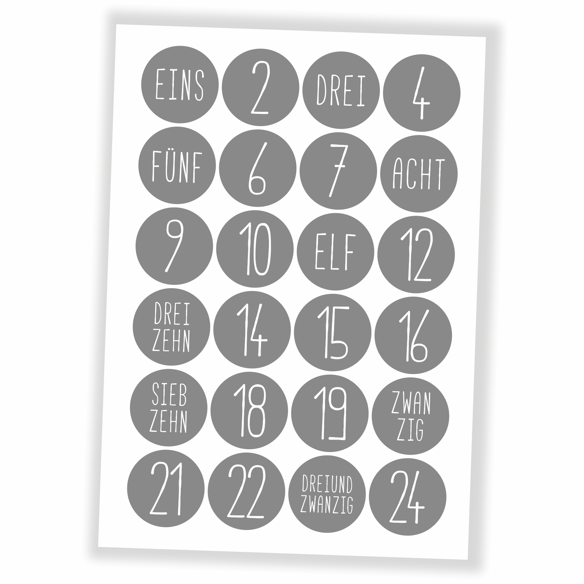 Adventskalender Zahlen Aufkleber - 24 Sticker (ohne Tüten) - grau