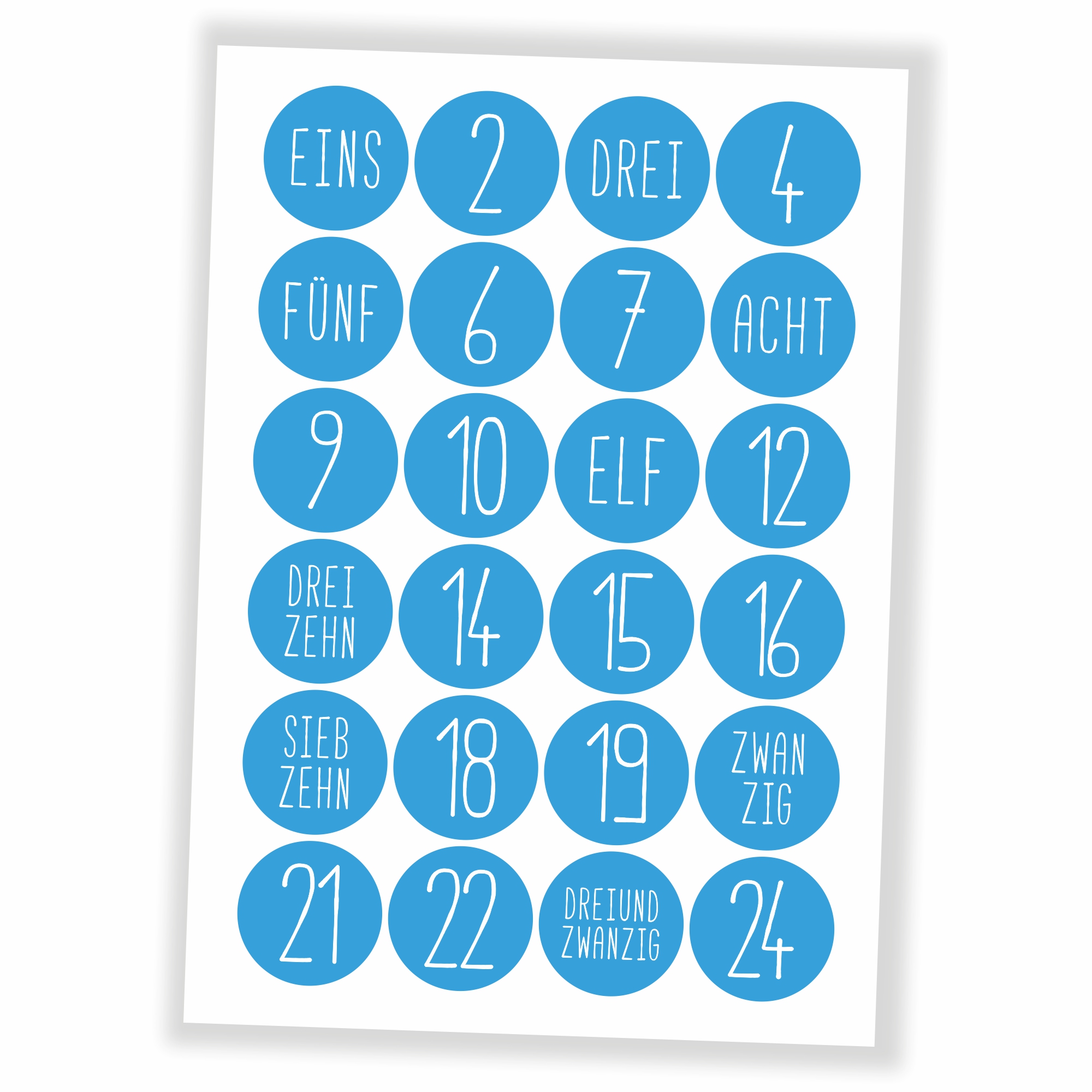 Adventskalender Zahlen Aufkleber - 24 Sticker (ohne Tüten) - hellblau