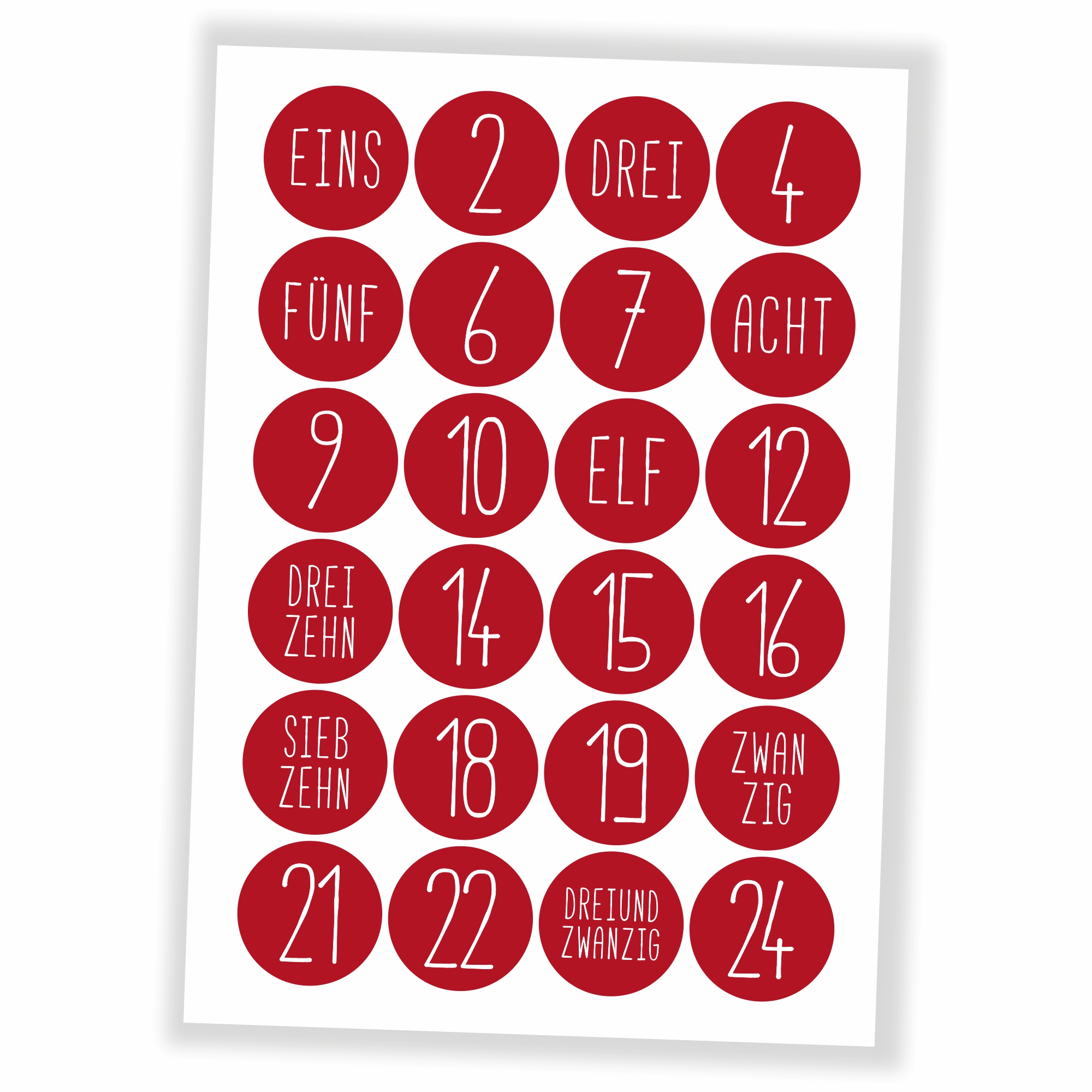 Adventskalender Zahlen Aufkleber - 24 Sticker (ohne Tüten) - rot