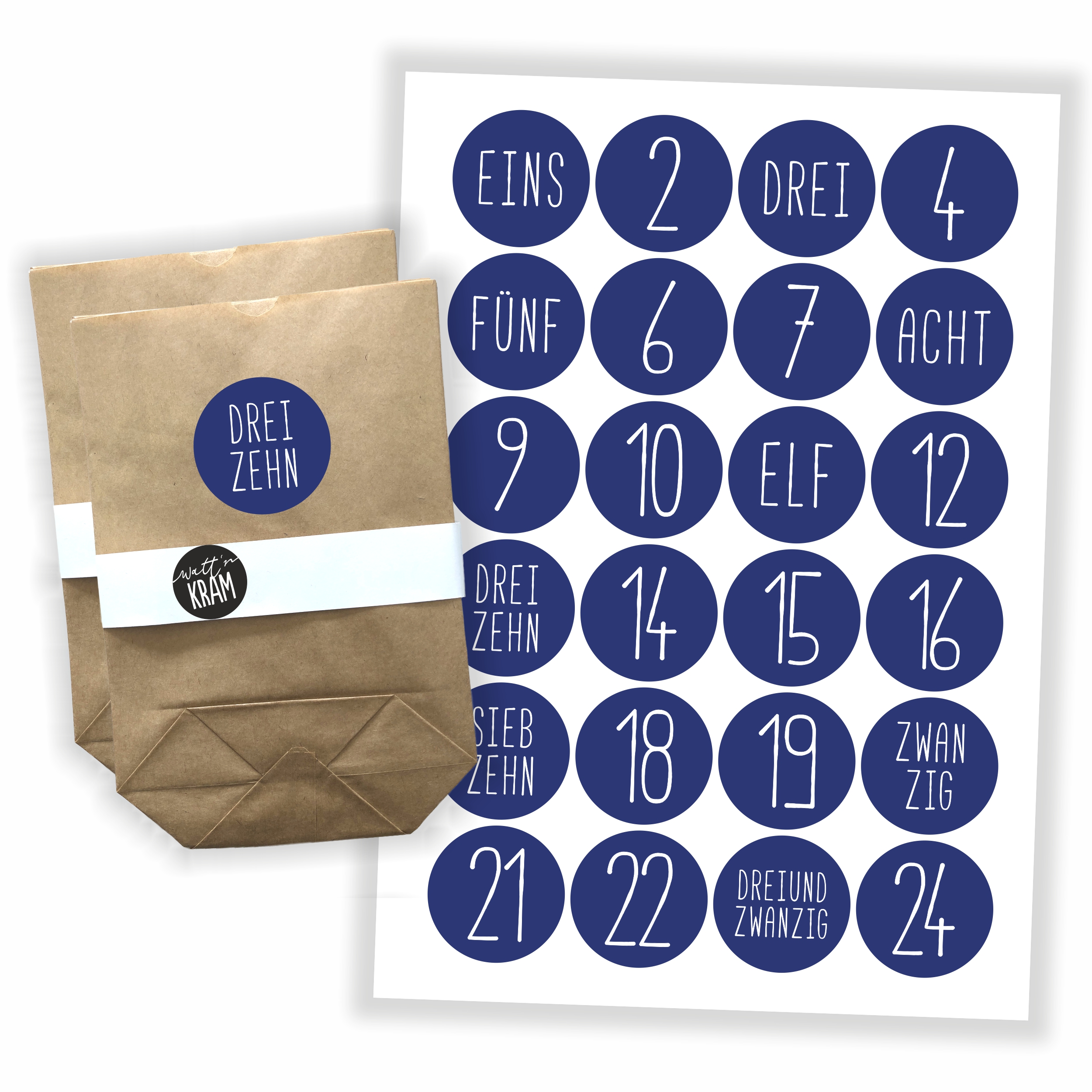 Adventskalender Zahlen Aufkleber - 24 Sticker mit 24 Tüten zum selbst Befüllen - blau