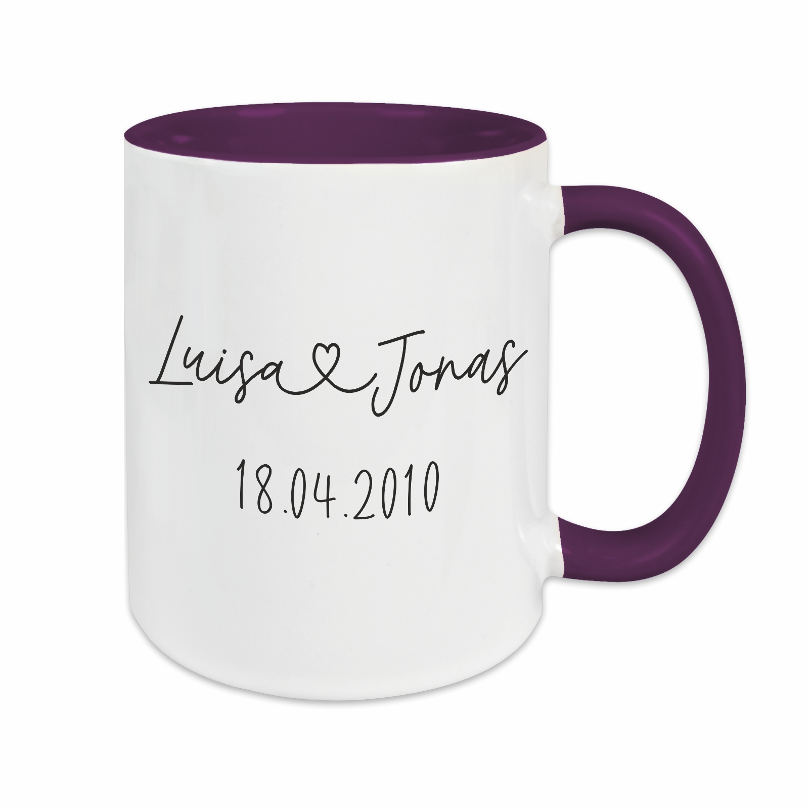 Tasse - Partner Namen, Datum & Herz lila