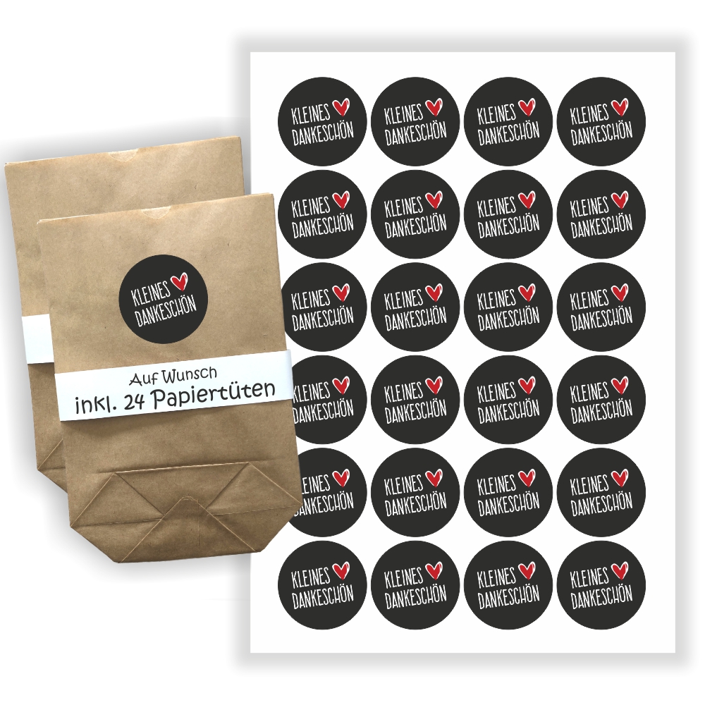 Aufkleber - kleines Dankeschön Sticker + 24 Tüten schwarz