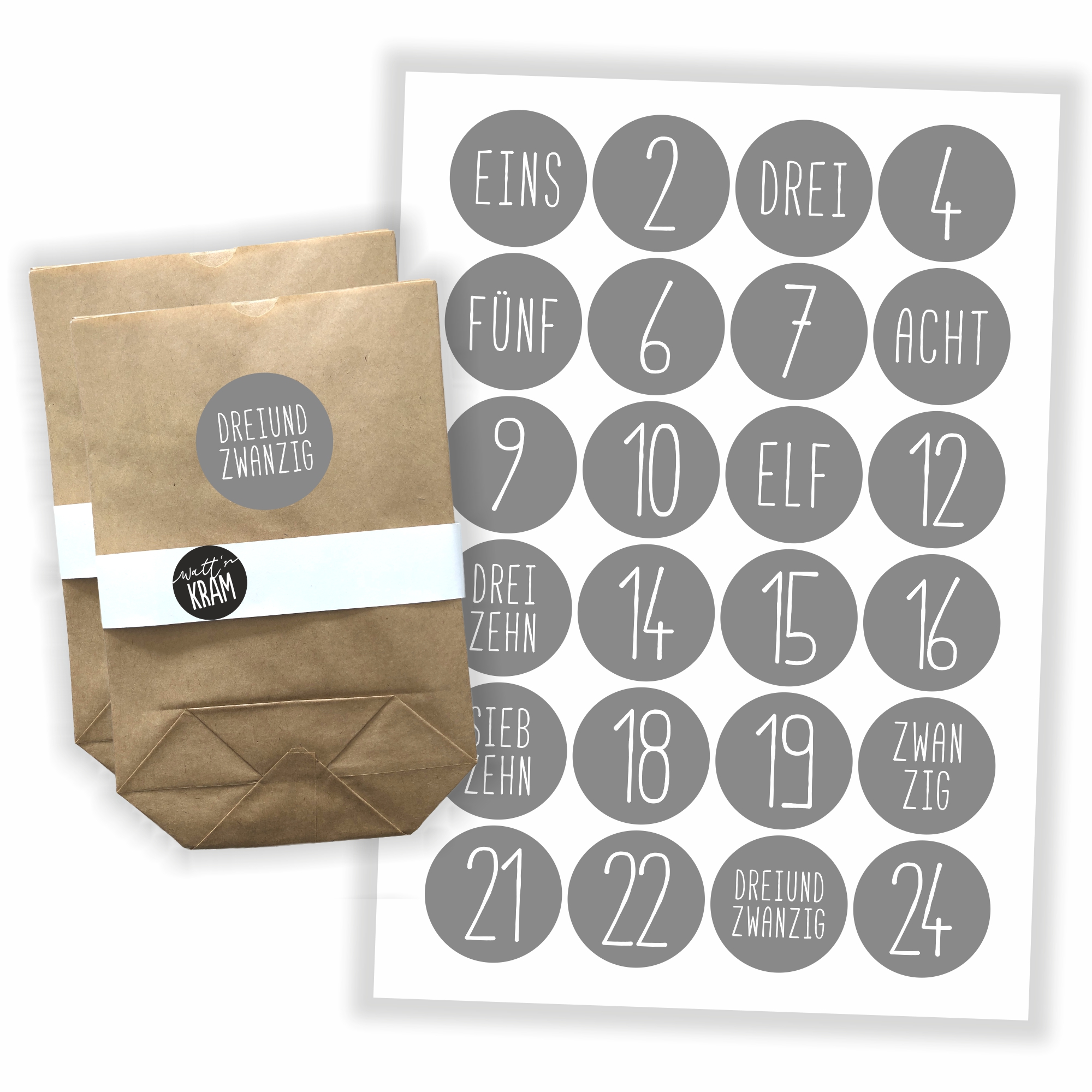 Adventskalender Zahlen Aufkleber - 24 Sticker mit 24 Tüten zum selbst Befüllen - grau – Ansicht 1 von 3