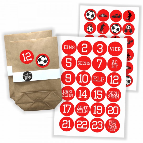 Adventskalender Fußball rot/weiss - Aufkleber & Tüten zum selbst Befüllen