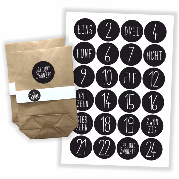 Adventskalender Aufkleber - 24 Sticker + 24 Tüten zum selbst Befüllen