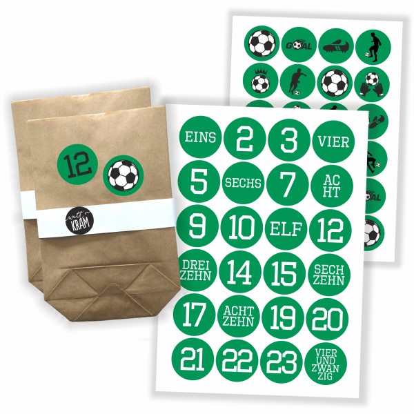 Adventskalender Fußball grün/weiss - Aufkleber & Tüten zum selbst Befüllen
