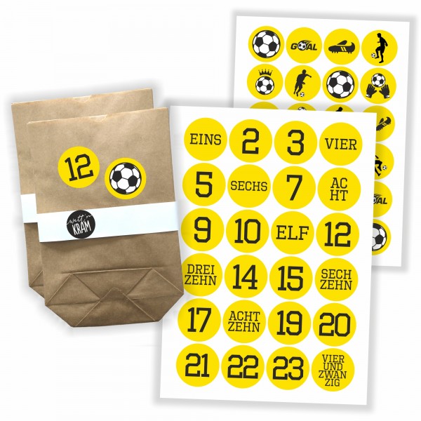 Adventskalender Fußball gelb/schwarz - Aufkleber & Tüten zum selbst Befüllen